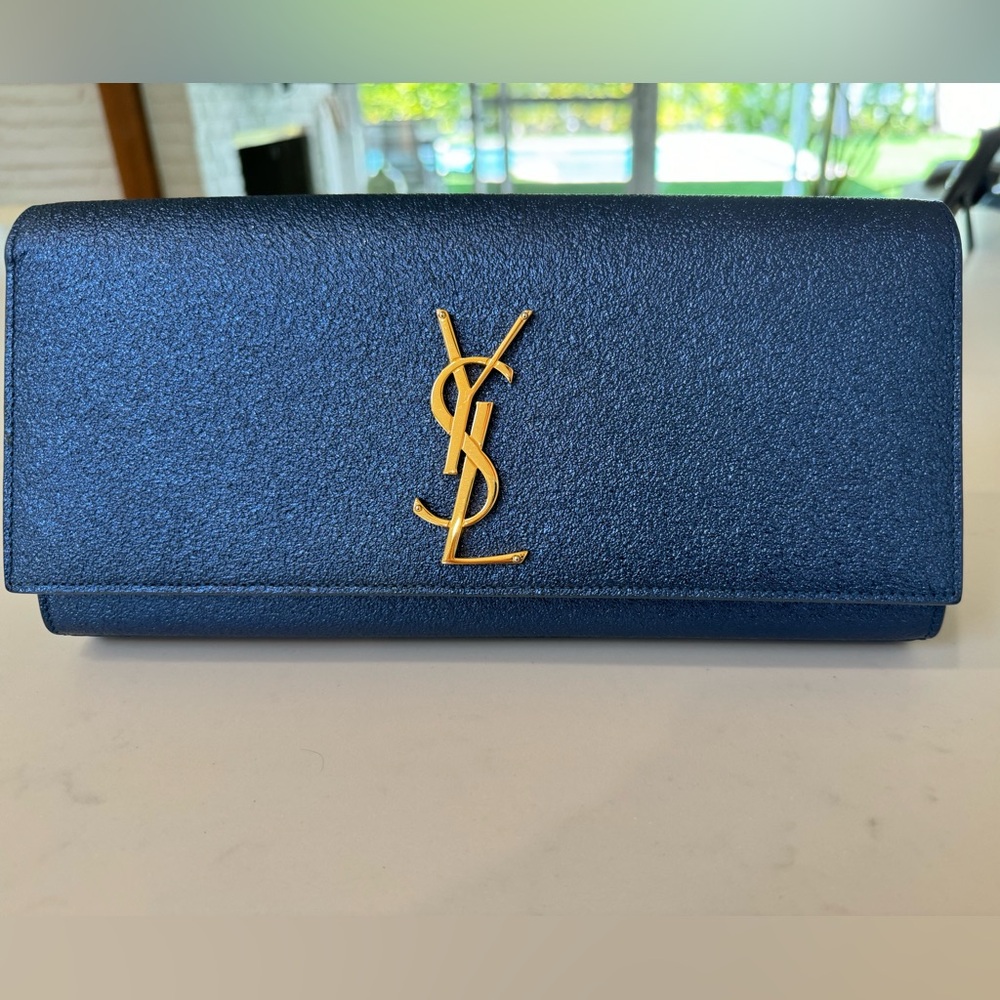 Saint Laurent Metallic Blue Cassandre Clutch